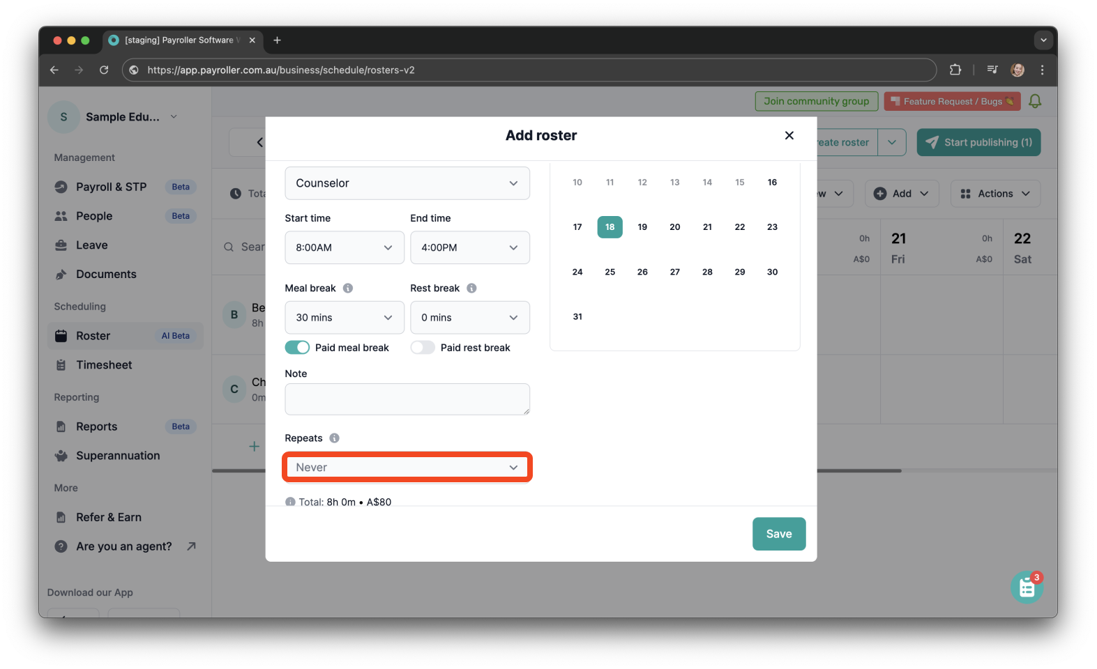 Timesheets and rostering - How to add a shift / How to set a roster - 10