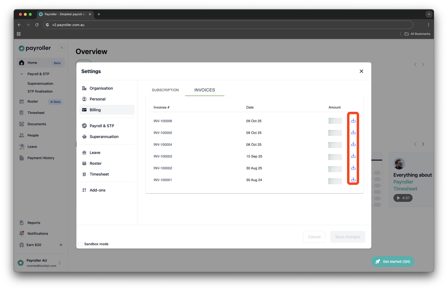 Payroller Employer Subscriptions - Downloading an invoice for your subscription payment - 5
