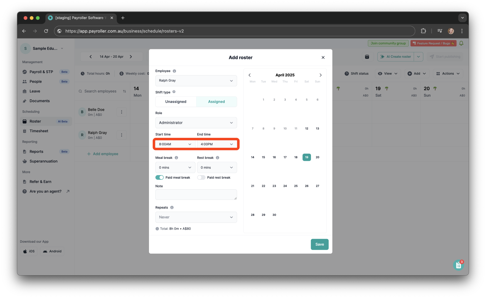 Timesheets and rostering - How to make a custom recurring shift - 6