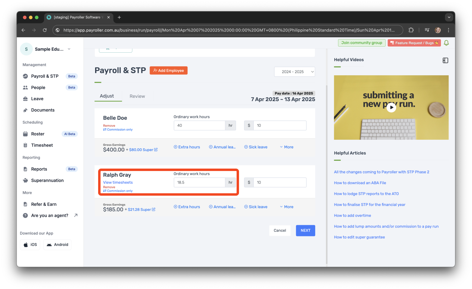 Timesheets and rostering - How to make a pay run with a timesheet - 7