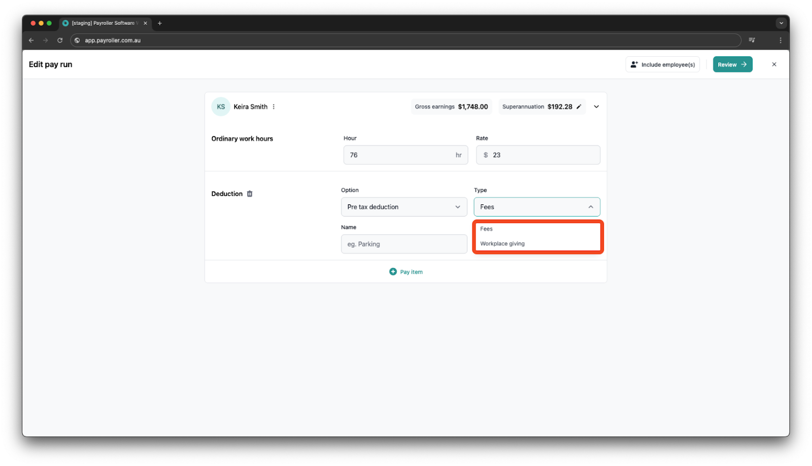 Creating pay runs - Fringe Benefits - 25