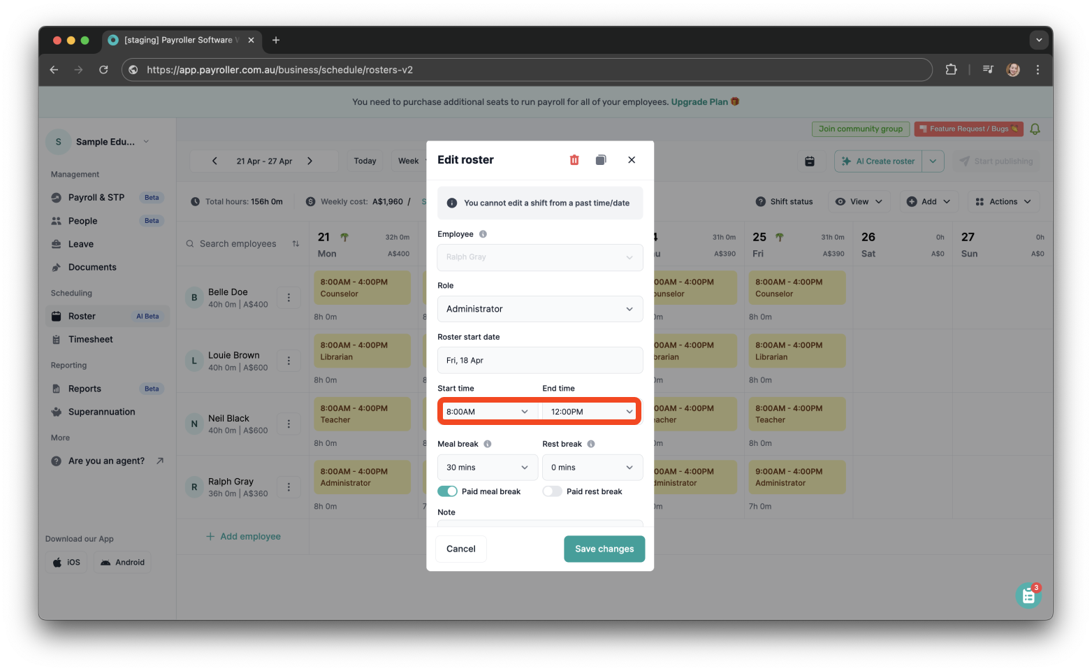 Timesheets and rostering - How to edit a roster - 3