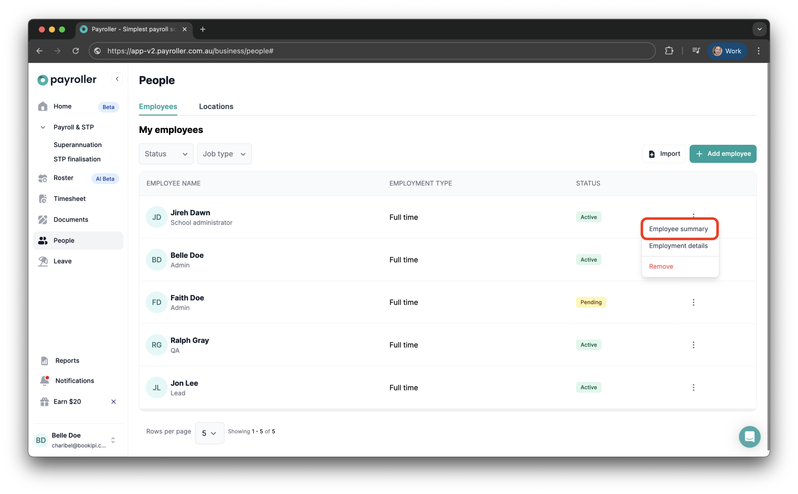 Setting up your employees - Changing the status of your employee (active, inactive, roster-only) - 8