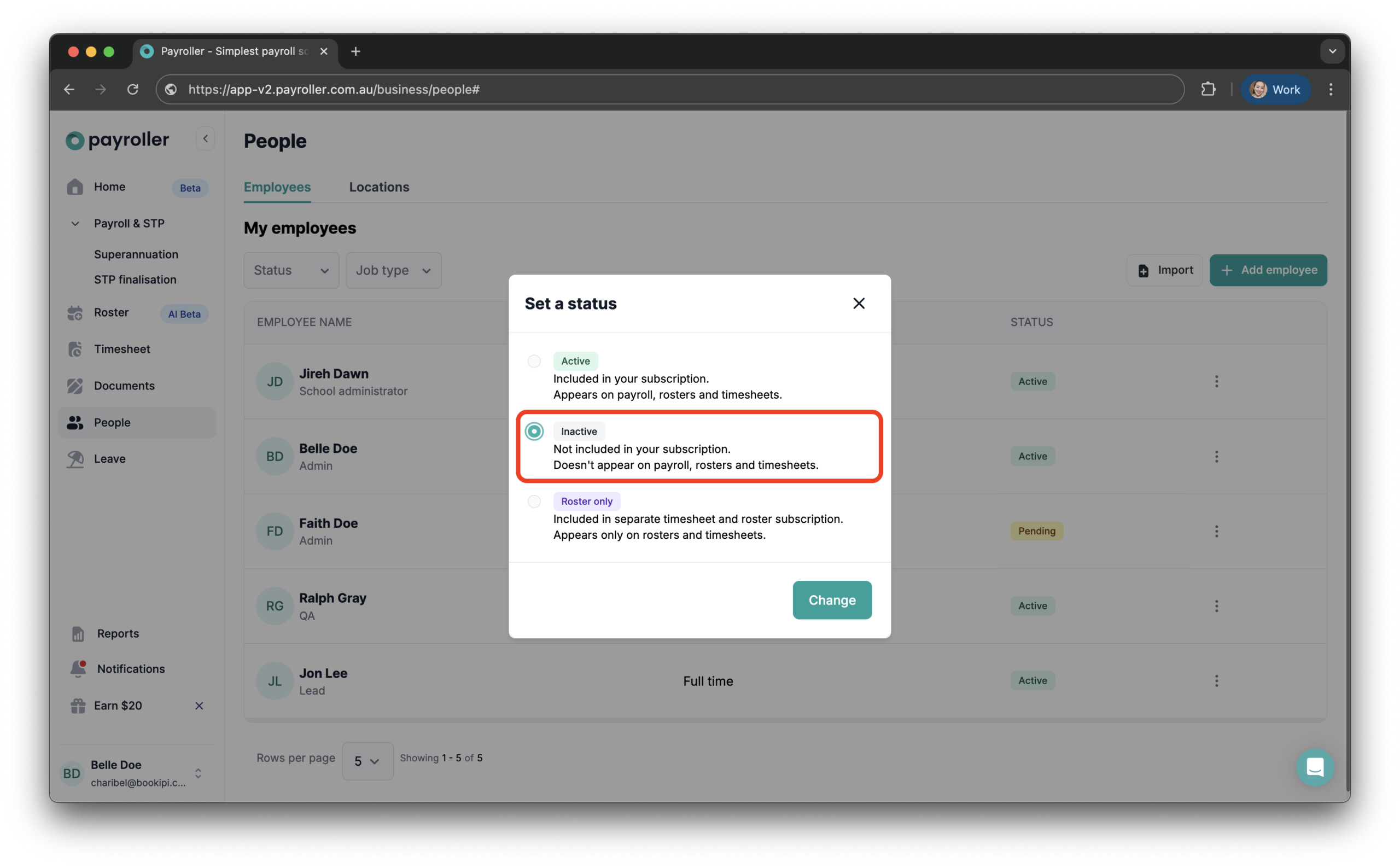 Setting up your employees - Changing the status of your employee (active, inactive, roster-only) - 10
