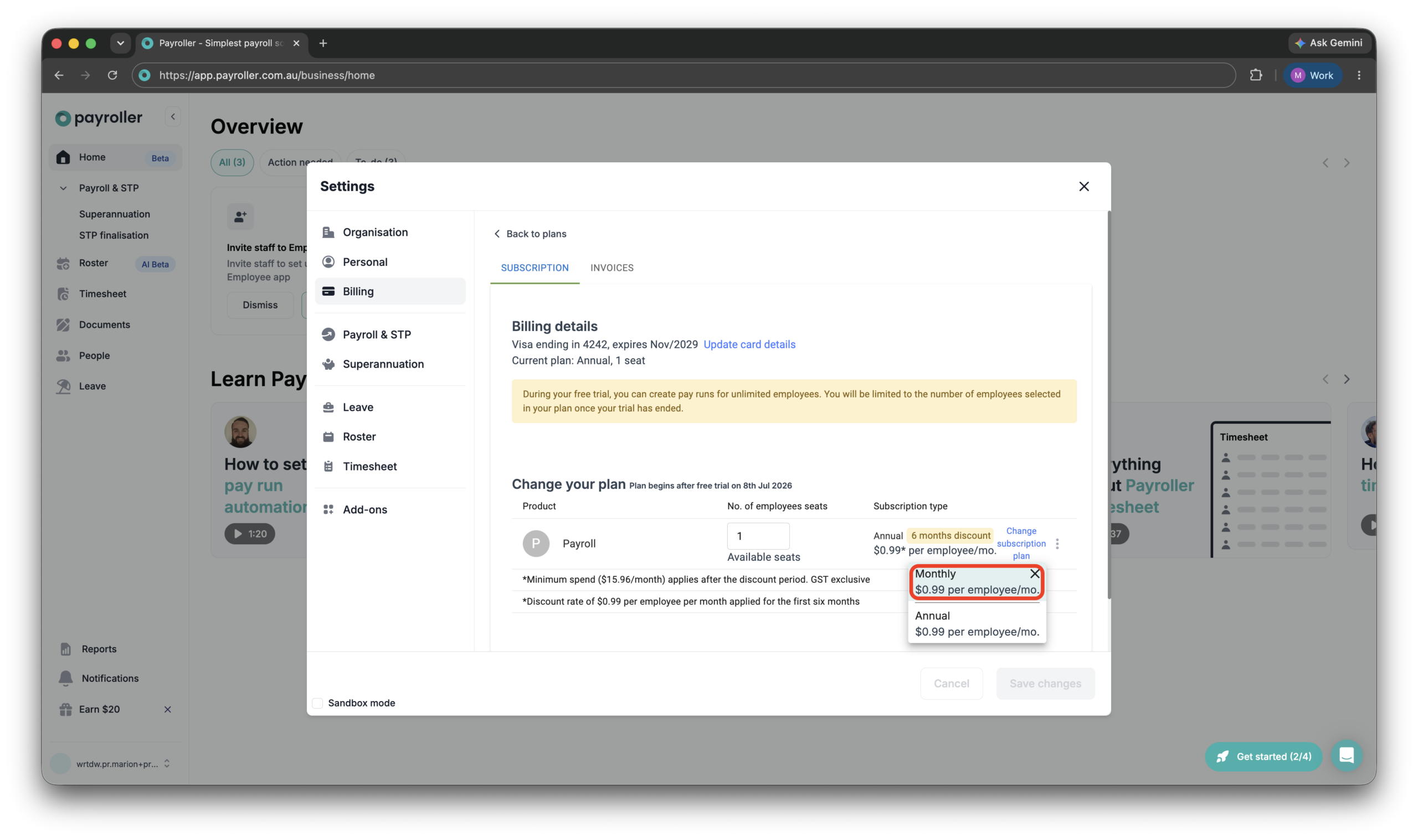Payroller Employer Subscriptions - Editing the subscription type to a monthly or an annual subscription - 11