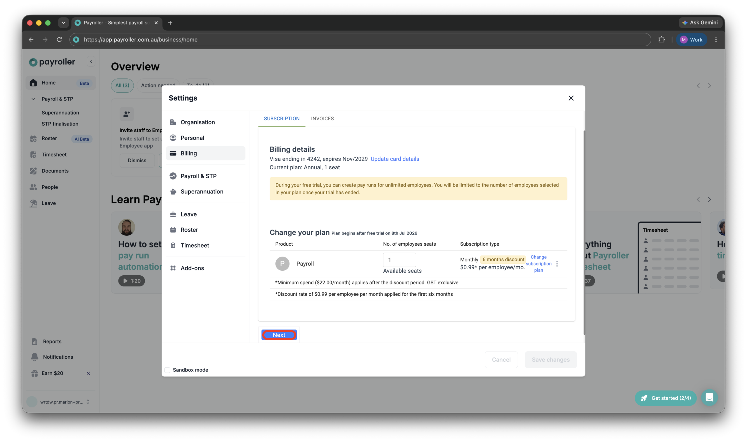 Payroller Employer Subscriptions - Editing the subscription type to a monthly or an annual subscription - 12
