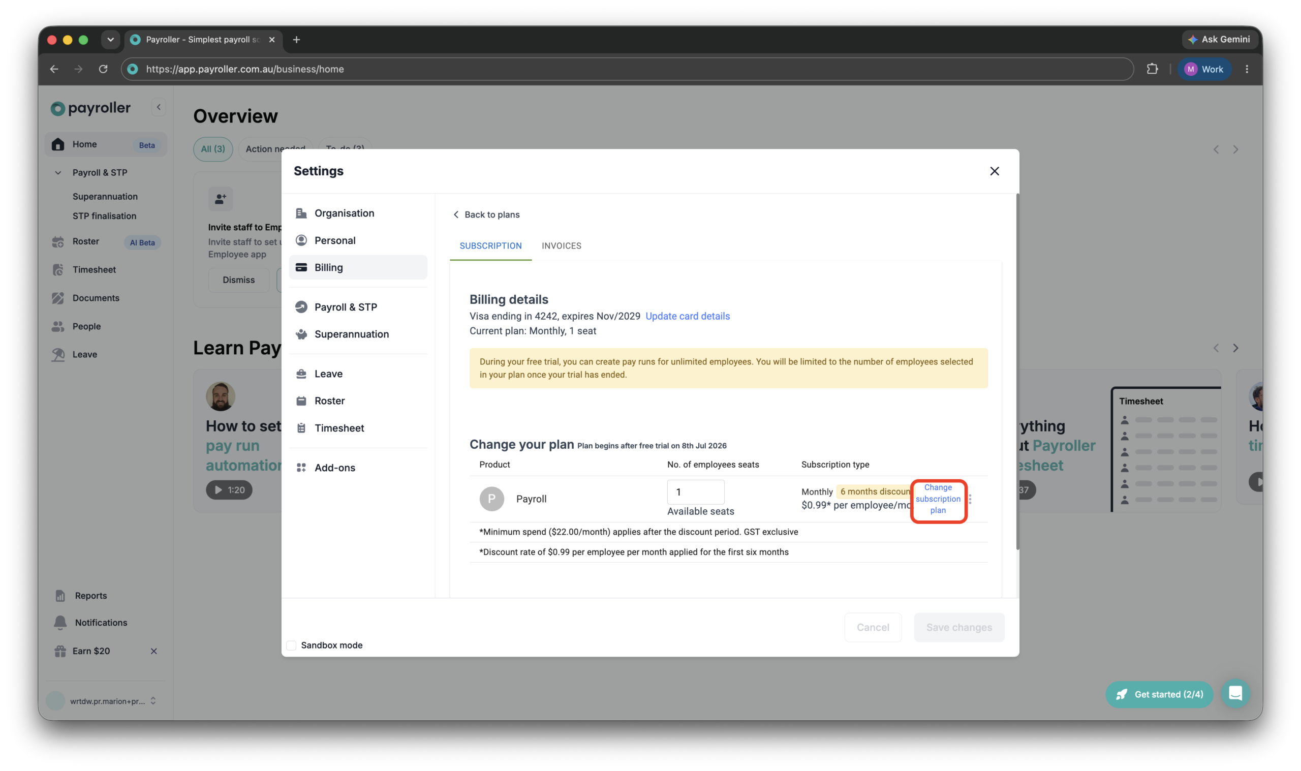 Payroller Employer Subscriptions - Editing the subscription type to a monthly or an annual subscription - 5
