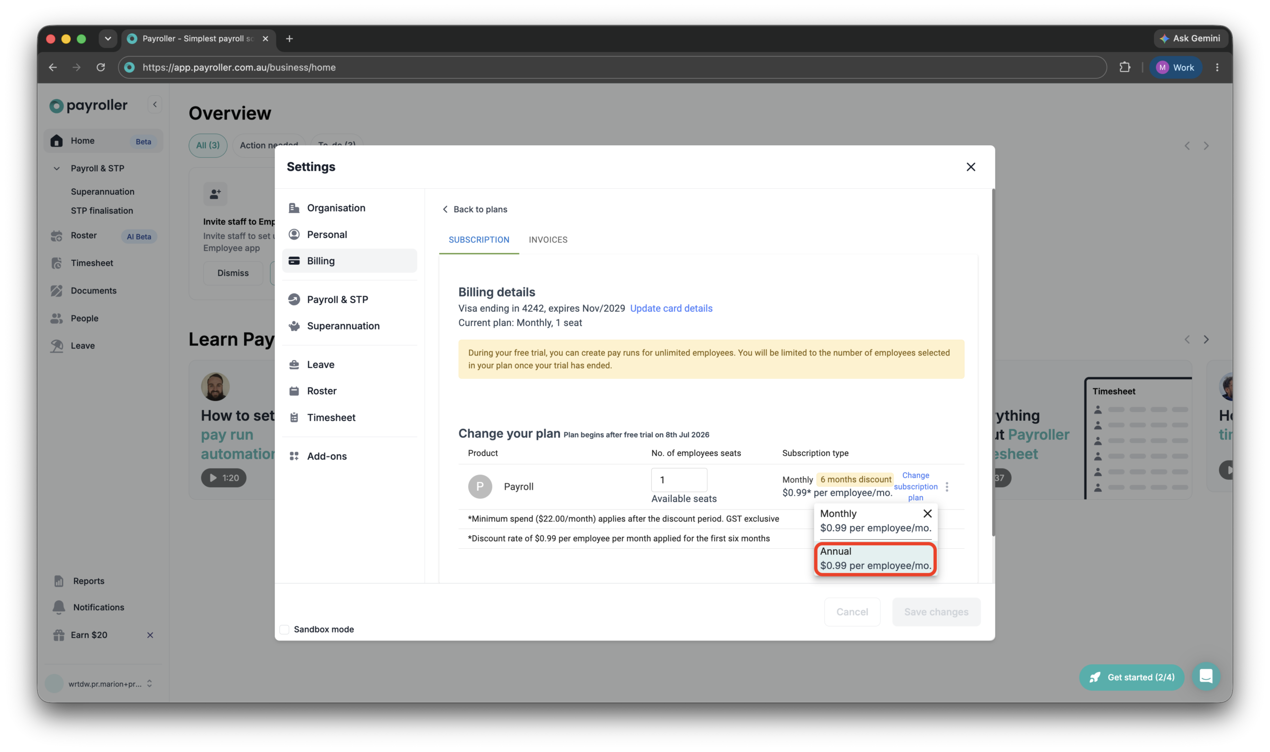 Payroller Employer Subscriptions - Editing the subscription type to a monthly or an annual subscription - 6