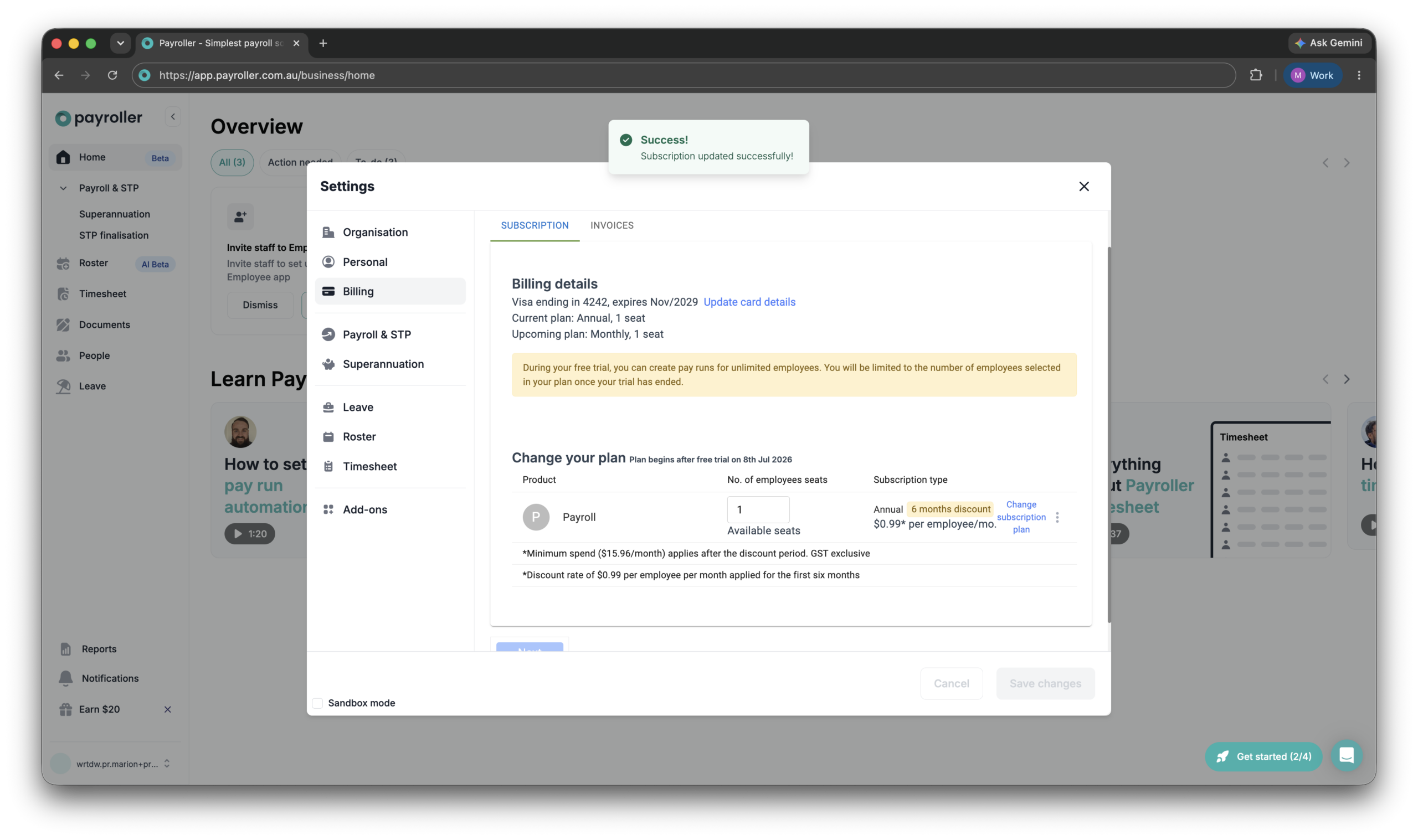 Payroller Employer Subscriptions - Editing the subscription type to a monthly or an annual subscription - 14