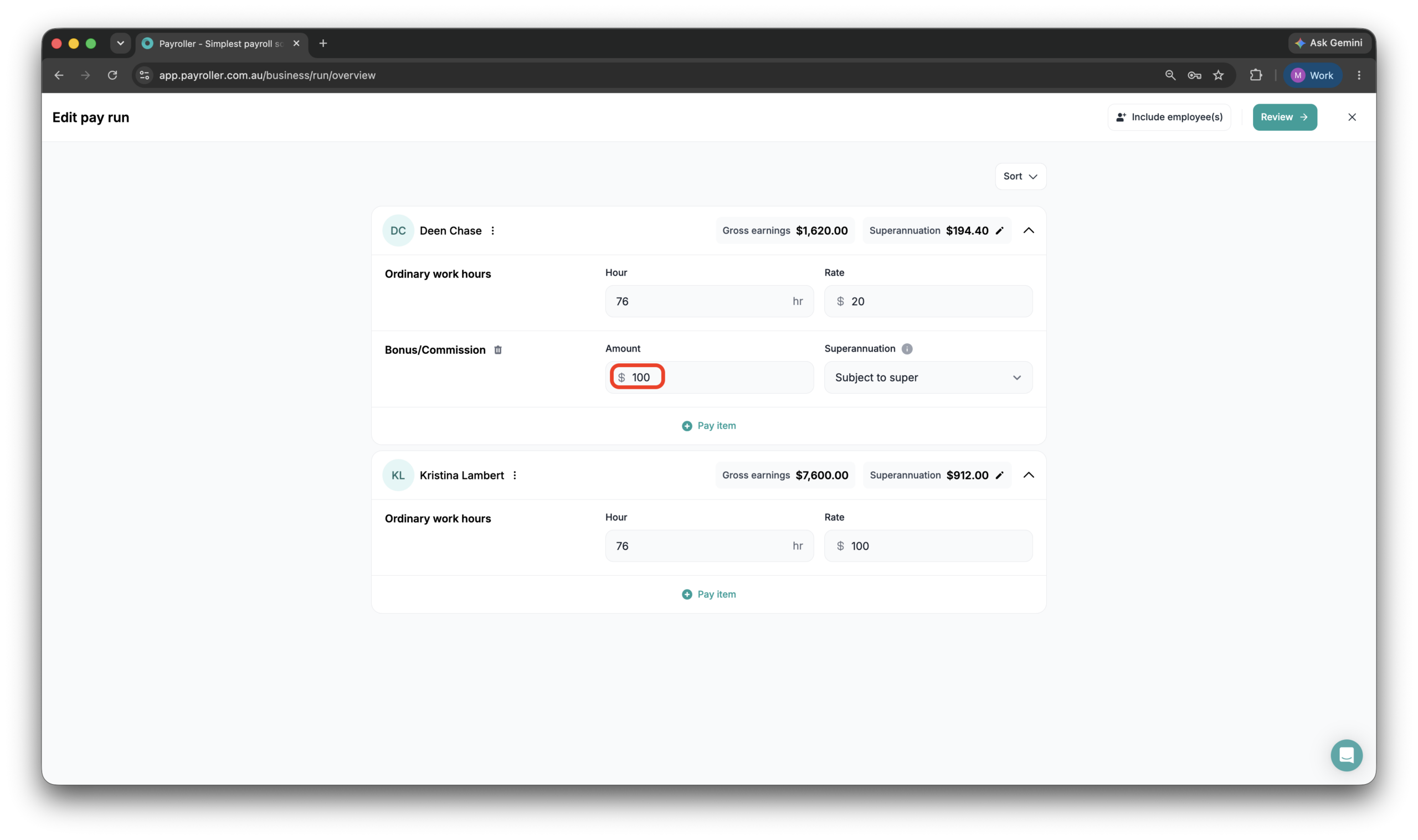 Creating pay runs - Adding a bonus/commission - 5