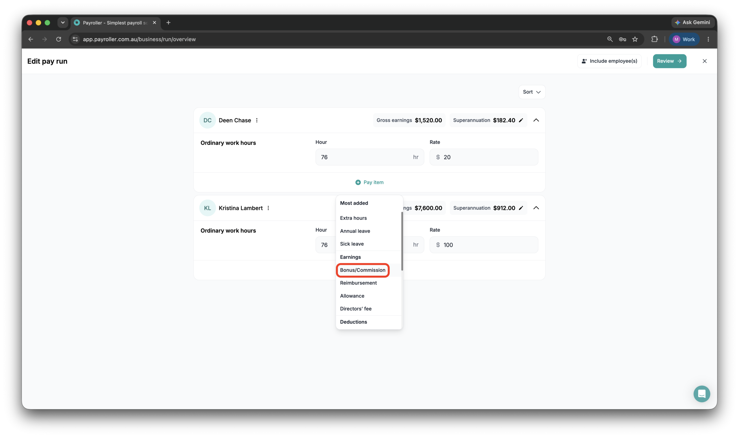 Creating pay runs - Adding a bonus/commission - 4