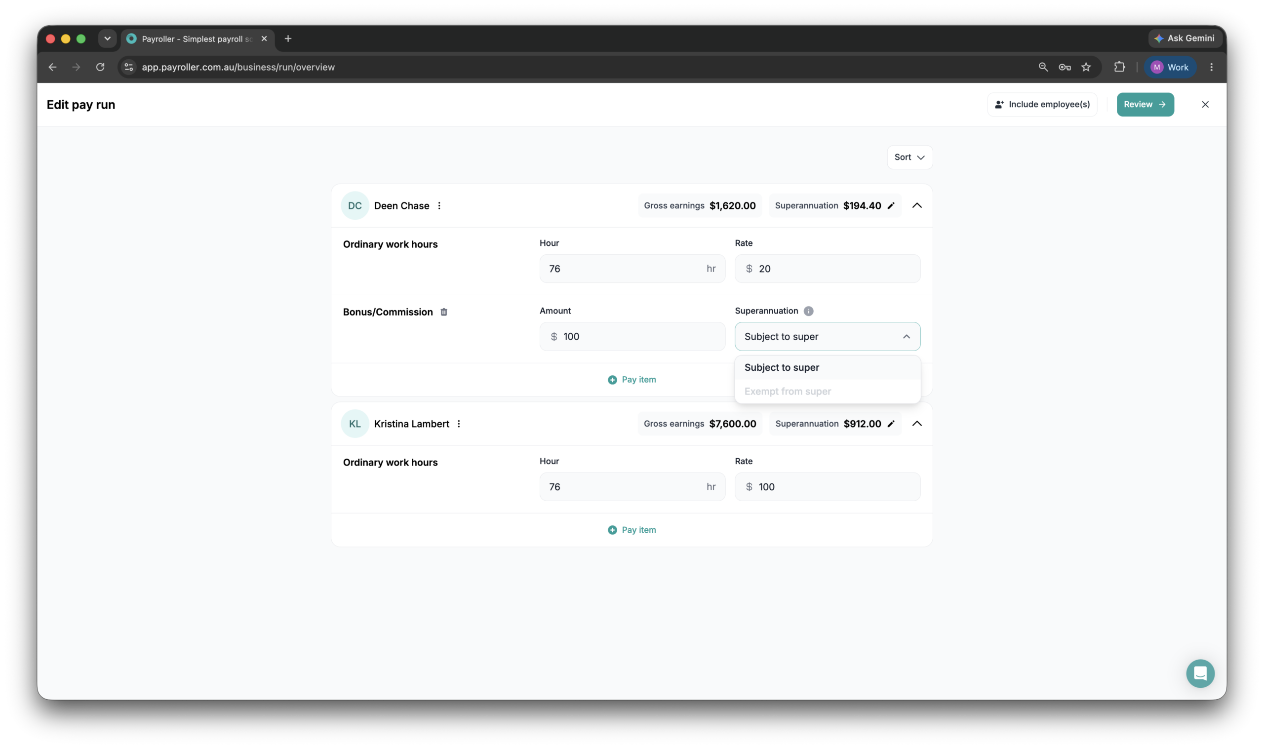 Creating pay runs - Adding a bonus/commission - 6