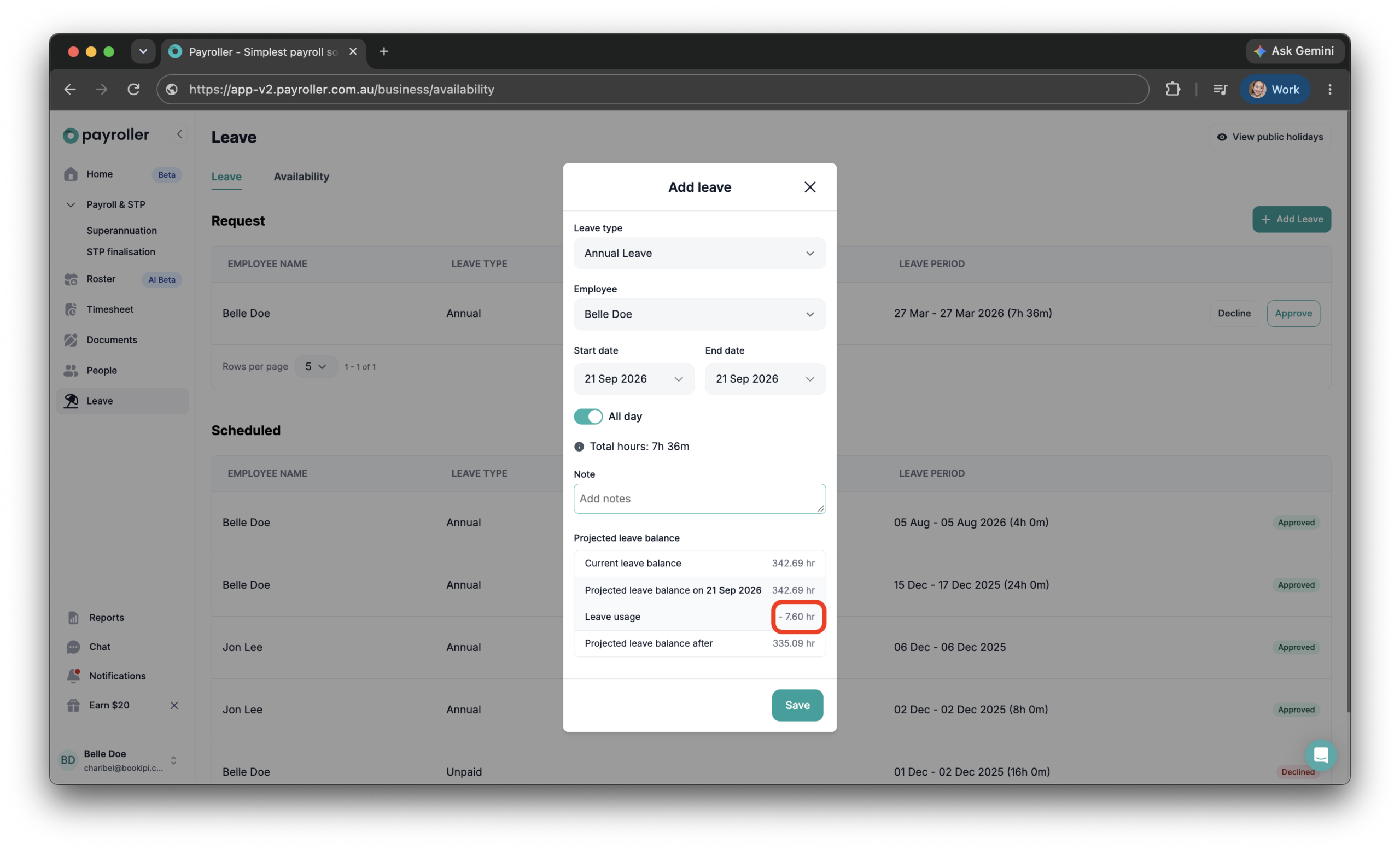 Payroller settings - Edit the business hours for calculating requested and scheduled leave - 1