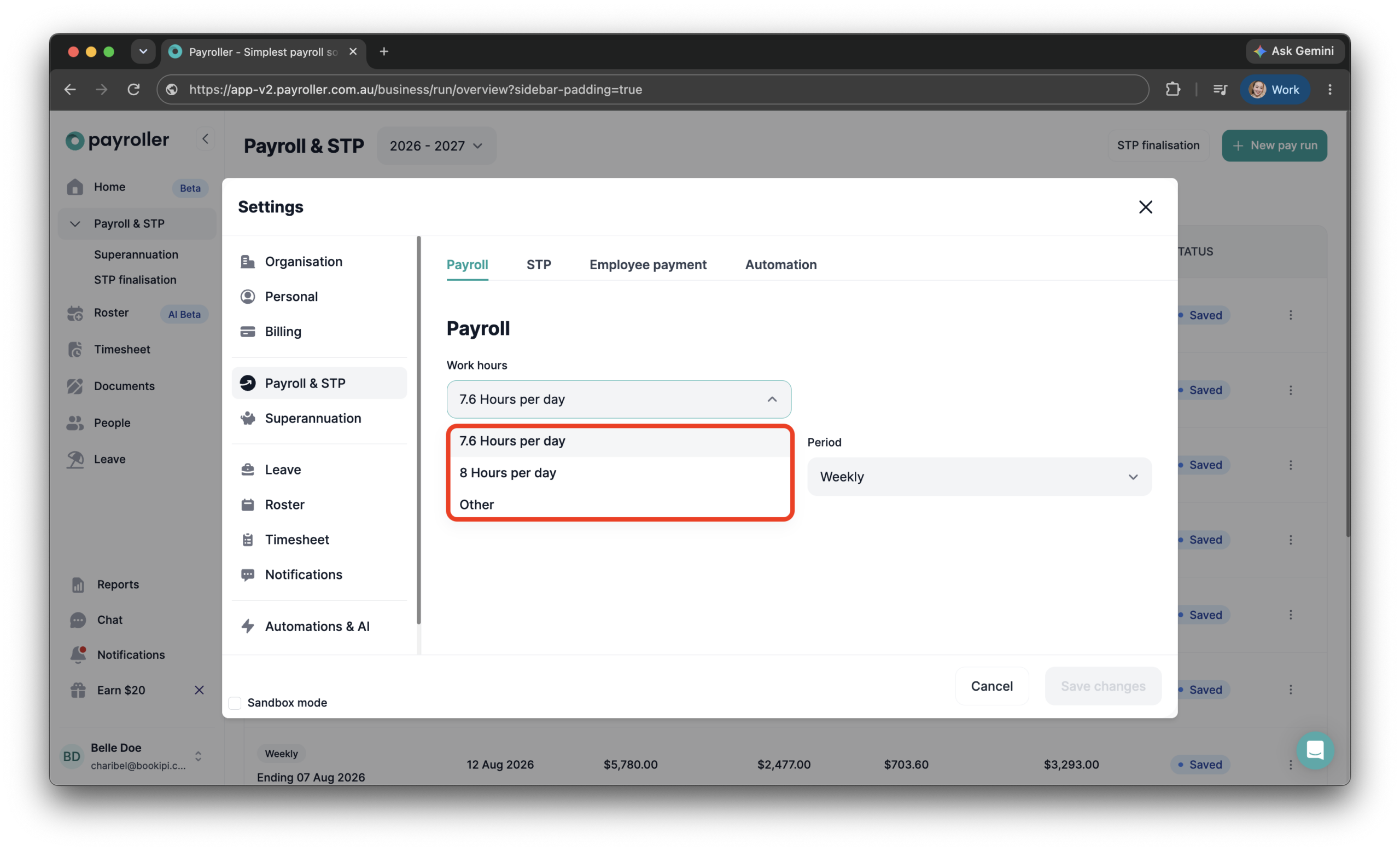 Payroller settings - Edit the business hours for calculating requested and scheduled leave - 5