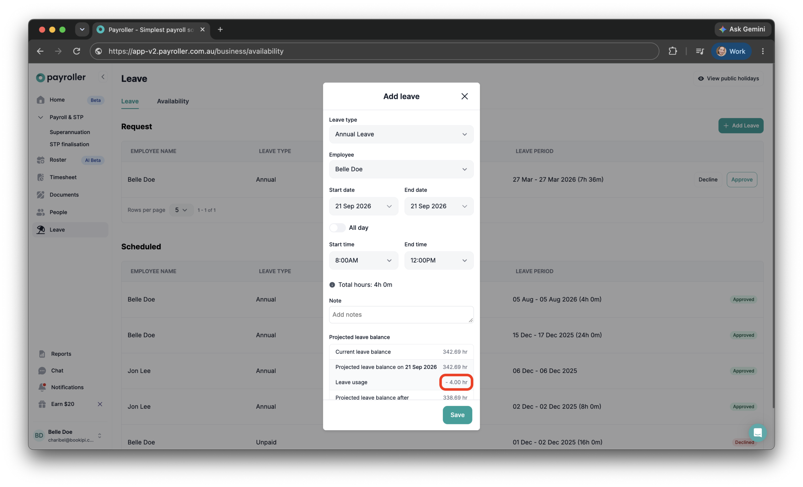 Payroller settings - Edit the business hours for calculating requested and scheduled leave - 7